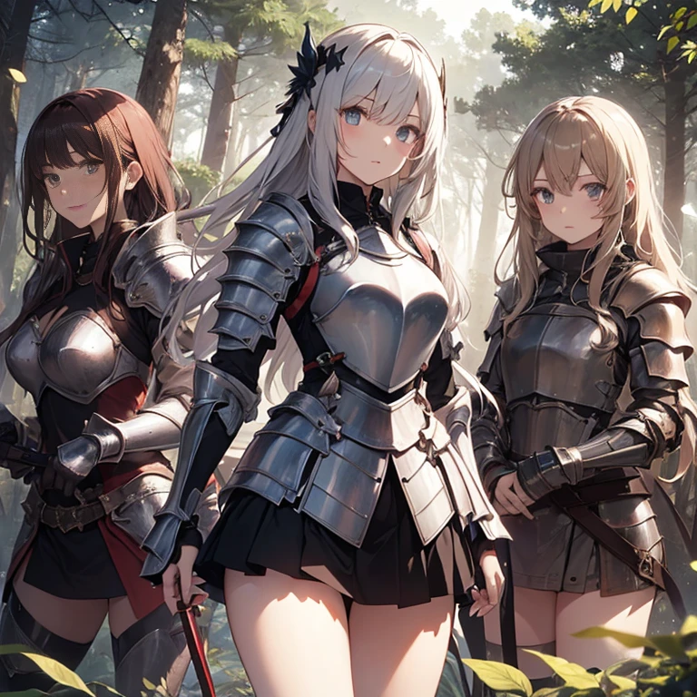 A group of female knight, (in forest), various hair styles, harem, wearing armored clothes, metal armor, night, details face, , short skirt, seducing, sword