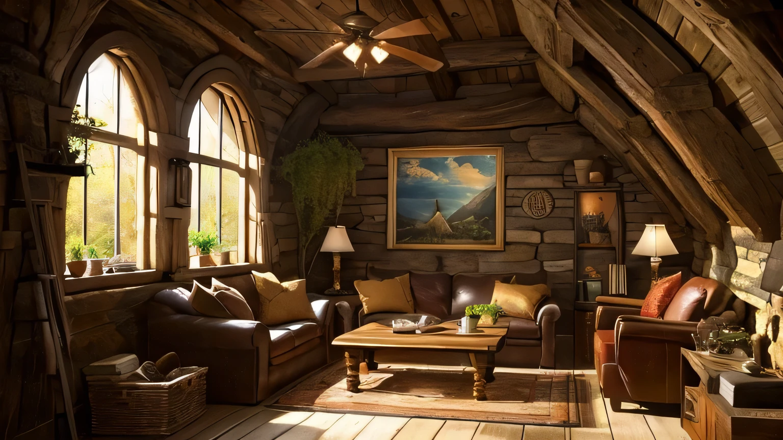 "Realistic painting, window, Cozy Hobbit Cave Living Room, A complicated watch with moving gears, ((nostalgic)), detailed, Warm palette"