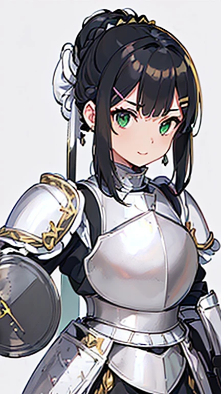 ((Masterpiece: 1.3)), ((Highest quality: 1.2)), ((Very detailed: 1.4)), One Girl, ((Black Hair: 1.1)), ((Updo: 1.1)), Hair Bun, ((White plate armor: 1.7)), Armor with a flower petal motif, (((Woman warrior))), Green Eyes, Smile, ((Simple Background: 1.1))., streaked hair, troll, character chart, tachi-e, (A hairpin in the shape of a sword: 1.6), (Green earrings: 1.1)