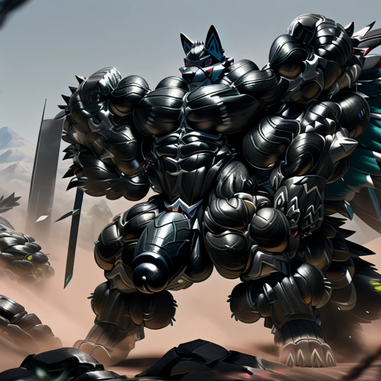 universe, LUCARIO, (gigantic muscles), 8K, Masterpiece, highres, future fiction. Detailed head, Detailed Body, full body, Detailed abs, wearing crNanosuit, big muscle (pecs, triceps, traps) unusually developed muscular body, body full of huge muscles. showing off muscles, pectorales enormes. Exaggeratedly huge muscles. Gigachad Muscular, gigantic muscles, Colossal giant NANOSUIT over a battlefield, The claws are sharp, Sharp teeth, Spread wings, have big wings. nj5furry, Animal paws, hyper penis (black color), long legs, wearing a tiny thong (metallic color: jet black thong)