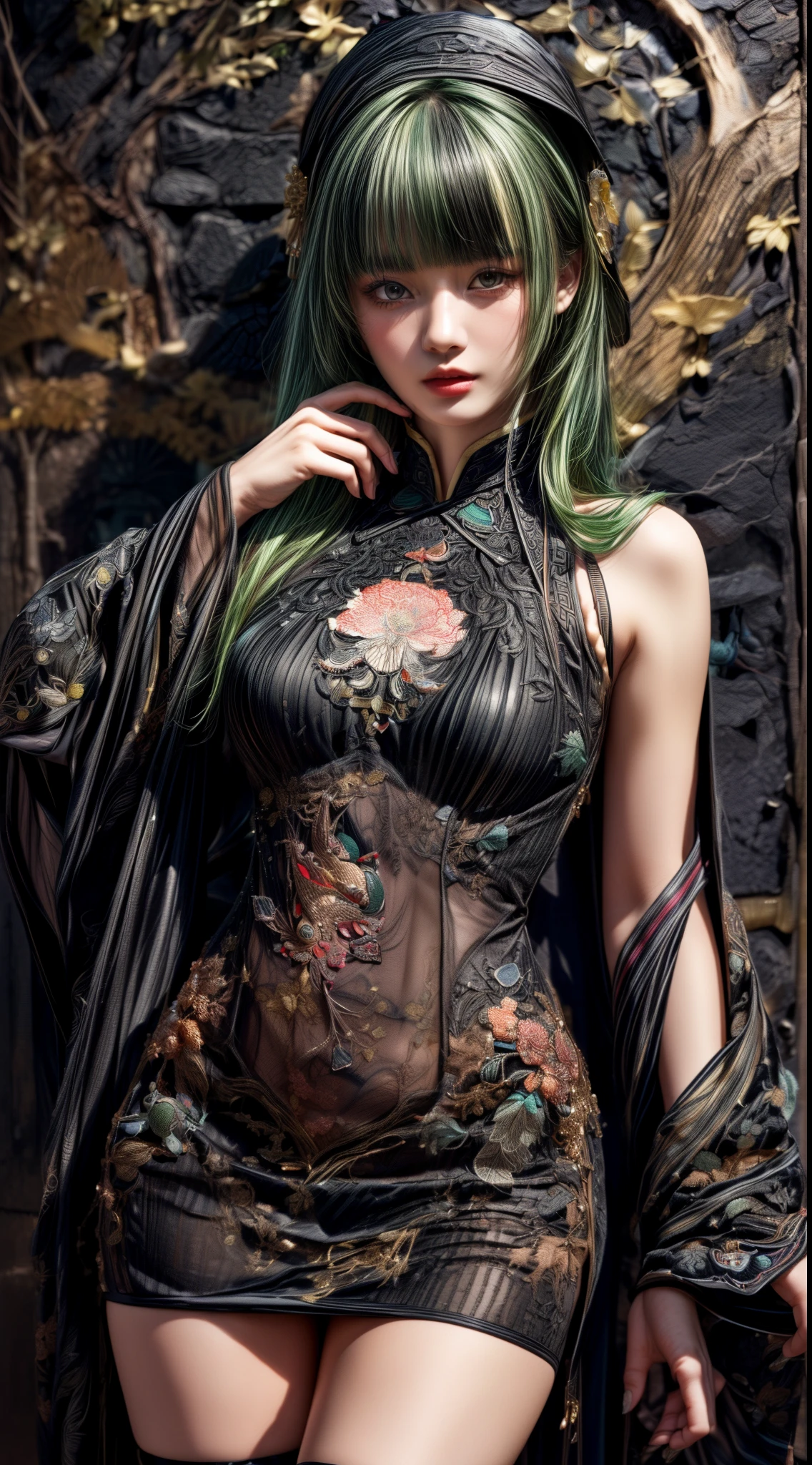 Mature Woman、(Green Hair)、((Black Hair))、(((Two-tone hair)))、((A Chinese dress with intricate embroidery of black turtles))、((((A wall with a picture of a black turtle))))、(((Detailed design)))、Slender women、Cute Woman、 8K Ultra HD,Detailed face、Delicate texture, Long Hair、(((Blunt bangs)))、(thigh length stockings)、mini skirt、Chinese atmosphere、((Delicate photo))，(Girl Astepeace RAW Photo Details:1.25), (highest quality:1.6), (超A high resolution:1.5), (Realistic:1.75), 8K resolution, Canon EOS R5, 50mm, Absurd, Very detailed,Cinema Lighting