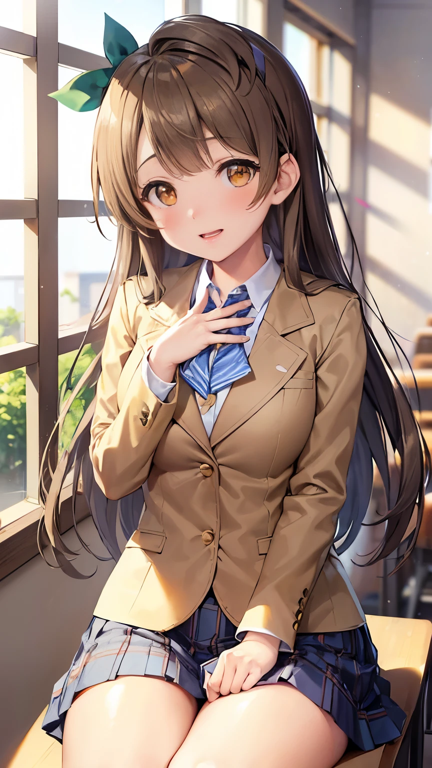 minami kotori, brown hair, (brown eye degree:1.5), one side up, Hair ribbon, ribbon, blazer, blue skirt, jacket, Otonokizaka Uniform, pleated skirt, Winter clothes, Indoor, classroom, (masterpiece:1.2), highest quality, High resolution, Unity 8K Wall , (enlightenment:0.8), (beautiful and fine eyes:1.6), highly detailed face, perfect lighting, Detailed CG, (perfect hands、perfect anatomy), look at the audience, blush, happy, (white panties:1.3), School, sit with your knees bent, inside the school, like looking up from below, (from knees to chest),