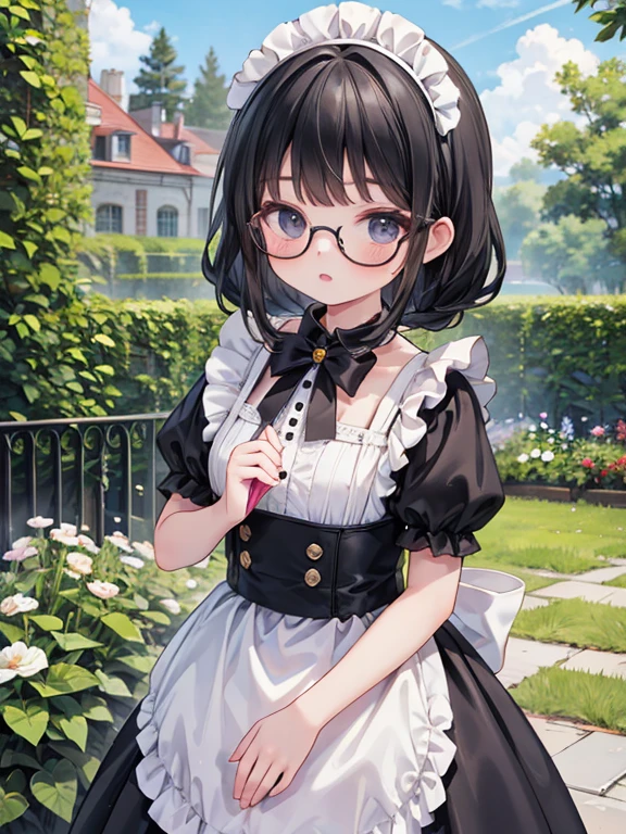 masterpiece, highest quality, Very detailed, 16k, Ultra-high resolution, Cowboy Shot, Detailed face, Perfect Fingers, One 8-year-old girl, black eye, Black Hair, Braid, Black-rimmed glasses, Black maid outfit, Garden of the mansion,