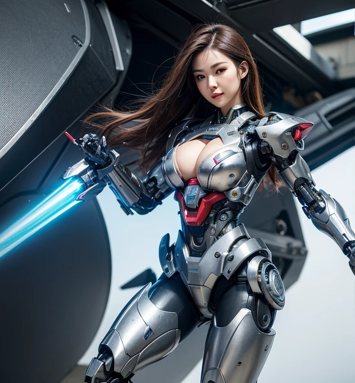 Textured skin, Super Detail, high details, High quality, Best Quality, hight resolution, 1080p, hard disk, Beautiful,(Cyborg),Oppai Missile,beautiful cyborg woman,Mecha Cyborg Girl,Battle Mode,Girl with a Mecha Body,She wears a battle cyborg mech with a weapon,Fulll body Shot