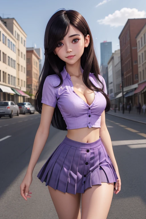 (masterpiece), best quality, expressive eyes, perfect face, (city background), (shy), (smirk), (cleavage view), (1girl, age 18+, belle delphine, fair skin, black hair, medium length flat hair with long bangs, flat hairstyle, hair over one eye, brown eyes, hourglass figure, thin body, skinny body, petite_body, small breasts, wide hips, thick thighs), ((light_purple button shirt), exposed cleavage, croptop, short sleeve, (pleated skirt)), bmb-fc,