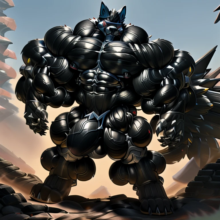 universe, LUCARIO, (gigantic muscles), 8K, Masterpiece, highres, future fiction. Detailed head, Detailed Body, full body, Detailed abs, wearing crNanosuit, big muscle (pecs, triceps, traps) unusually developed muscular body, body full of huge muscles. showing off muscles, pectorales enormes. Exaggeratedly huge muscles. Gigachad Muscular, gigantic muscles, Colossal giant NANOSUIT over a battlefield, The claws are sharp, Sharp teeth, Spread wings, have big wings. nj5furry, Animal paws, hyper penis (black color), long legs, wearing a tiny thong (metallic color: jet black thong)