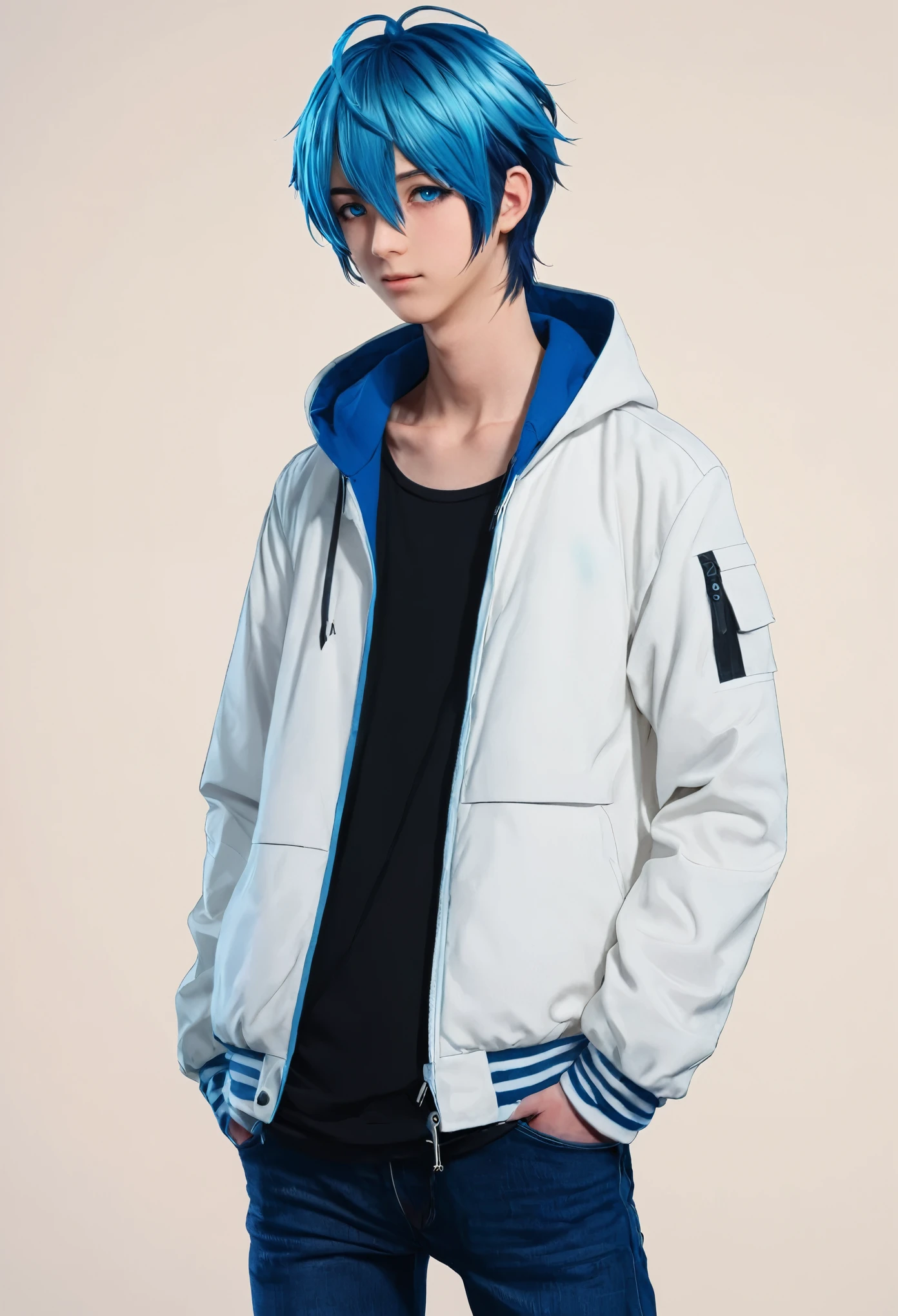 A closeup of a person with blue hair wearing a white jacket, 4D anime style, tall anime face with blue eyes, !! full body portrait!!, anime boy, moe artstyle anime, single full body character, full body!!, anime full body illustration, anime style character, full_body!!, full body model vtuber anime, blue color sorando with purchase affection