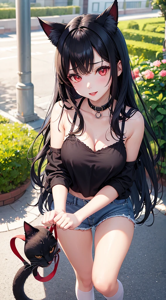 Detailed facial details，1 girl、Cat ear，Black long hair, Charming red eyes, Radiant Skin，red lips，Pure white bra，Denim shorts，White socks，Slim，Large Breasts，Facial details are very detailed, handcuffs，Collar，classroom，campus，garden，Walking along the flower bed