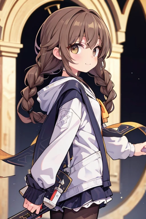 braid, brown hair, twin braids, light smile, from side, 8k, super detail, ccurate, best quality, Plague doctor, fullbody