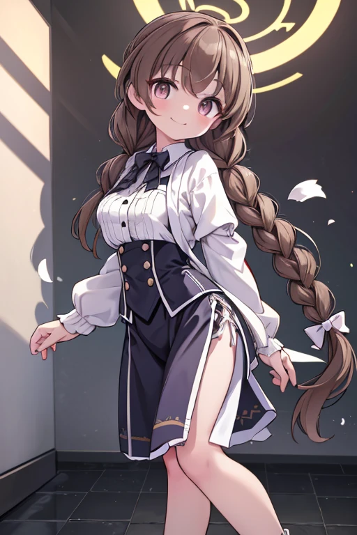 (masterpiece), 4K,woman,Long sleeve sailor suit,Small breasts,Small Ass,Curly Twin Tails,Light bulb lighting,Realistic, skinny, A big smile,Frill Bra,((,Bloomers under a skirt)),Standing on the stairs,((Long Flared Skirt)),Angle from directly below