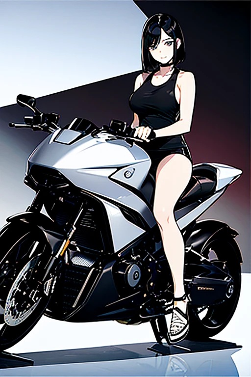 A woman in her early 20s with beautiful straight black hair that was cut short at the base of her neck and a neat and tidy appearance.、He is riding a futuristic bike and looking at me.。She is showing off her ample breasts, which look as if they are about to burst from her white tank top, and giving a provocative look.。anime