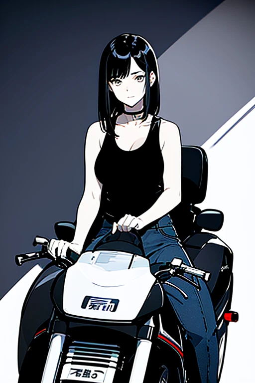 A woman in her early 20s with beautiful straight black hair that was cut short at the base of her neck and a neat and tidy appearance.、He is riding a futuristic bike and looking at me.。She is showing off her ample breasts, which look as if they are about to burst from her white tank top, and giving a provocative look.。anime