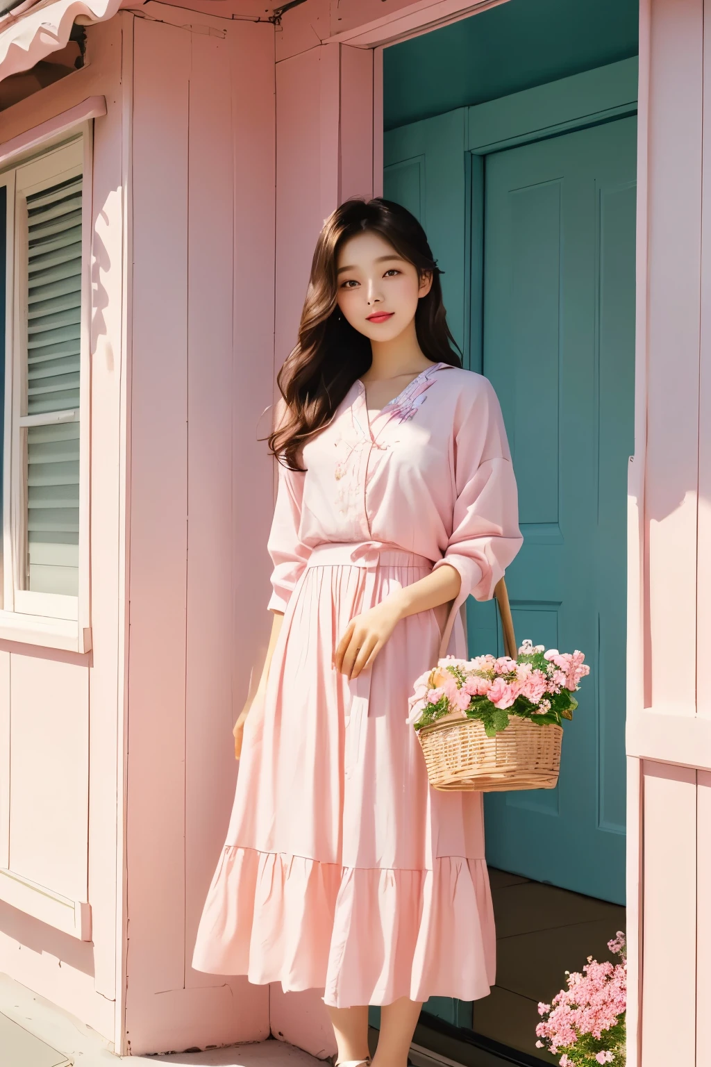 There is a woman standing by the window holding a flower basket., Full body cute lady, pastel colors, Feminine with cute pastel tones, pink clothes, In pastel tones, In soft pink color, Summer morning sunshine, pastel clothing, Against the backdrop of natural light, Korean female fashion model, feminine In pastel tones, (Highly detailed facial expressions),