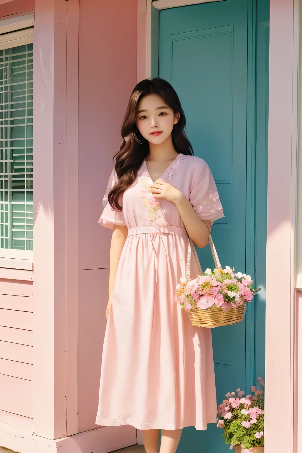 There is a woman standing by the window holding a flower basket., Full body cute lady, pastel colors, Feminine with cute pastel tones, pink clothes, In pastel tones, In soft pink color, Summer morning sunshine, pastel clothing, Against the backdrop of natural light, Korean female fashion model, feminine In pastel tones, (Highly detailed facial expressions),