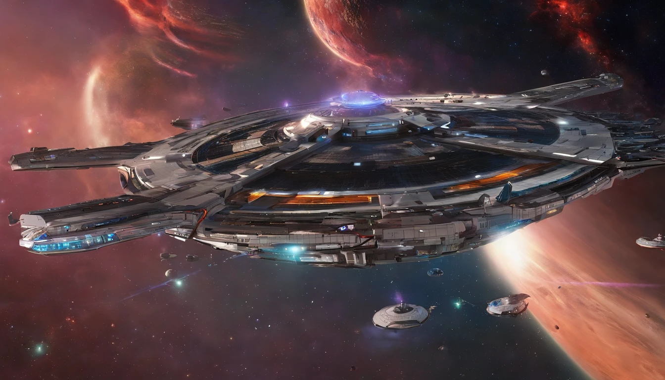 The space station is massively bigger than Babylon 5, but in the shape of Deep Space 9. The space station has 6 O'Neal Class space stations off in 5 different equilateral directions, & 1 down the middle. It's 10 times bigger than Saturn, and generates it's own power. There are hundreds of starships going to & fro, from the station, at any hour of the day. The station is in the center of the foreground. There are many stars, a nebula, and a comet, in the background. (((Use the following styles:conceptual art, protovision,3d render, architecture, portrait photography, cinematic, diamond, alien, Walter Matt Jeffries, Issac Asimov, Stanley Kubrick, and Larry Niven))). 1 million HD Resolution, isometric art, insane symmetrical details