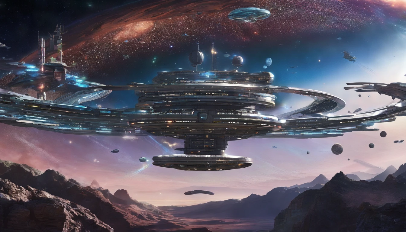 The space station is massively bigger than Babylon 5, but in the shape of Deep Space 9. The space station has 6 O'Neal Class space stations off in 5 different equilateral directions, & 1 down the middle. It's 10 times bigger than Saturn, and generates it's own power. There are hundreds of starships going to & fro, from the station, at any hour of the day. The station is in the center of the foreground. There are many stars, a nebula, and a comet, in the background. (((Use the following styles:conceptual art, protovision,3d render, architecture, portrait photography, cinematic, diamond, alien, Walter Matt Jeffries, Issac Asimov, Stanley Kubrick, and Larry Niven))). 1 million HD Resolution, isometric art, insane symmetrical details