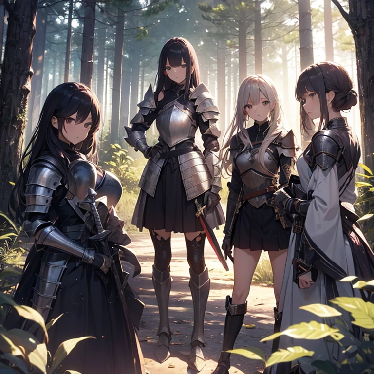 A group of female knight, (in forest), various hair styles, harem, wearing armored clothes, metal armor, night, details face, , short skirt, seducing, sword