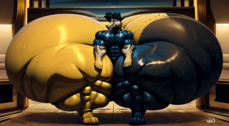 4k, high resolution, best quality, perfect lightning, perfect, solo, anthro, young, boy,golden yellow wolf:2.0, furry body, (fluffy mane:1.2), fluffy tail, male, adult, (bulky2:0, thick muscles2:0, huge muscles:2.0, hyper muscles:2.0), (thick biceps, veiny biceps, broad shoulders:2.0), (thick legs, thick calves:1.1), (digitigrade legs, 4 toes:1.2), perfect colors, (photorealistic fur, detailed fur, epic, masterpiece), (suggestive posing:1.2), (seductive smile, lustful grin 1.3), detailed beach,detailed wolf eyes:2.0, by k0suna, by darkgem，nipple ring，hyper arms:2.0，veins,white body,golden yellow fur,hyper butt:2.0,hyper paws:2.0，standing，thick legs，thick butts:2.0,sweat body:2.0,massive butt:2.0,black hat,hyper ass:2.0,huge ass,long legs,juicy butt:2.0,butt like a wall,insanely inflated hips,hyper heavy butt