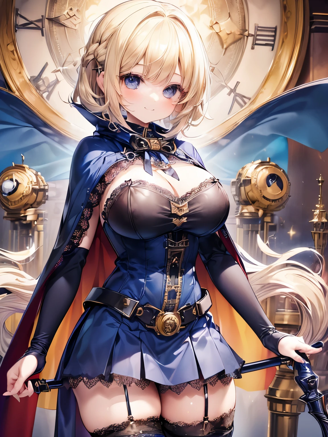 Masterpiece,Best Quality,(Super Detail),Perfect Lighting, Highly detailed CG,Super detailed,(Highly detailed eyes,Very cute face,Highly detailed face:1.3),Beautiful Anime Girl,(Solo Girl),(Huge breasts:1.5),(Functional,Glamour,sexy:1.5),(Blonde,Medium Short Hair,Braiding,let long hair fall forward:1.5),(Big light blue eyes),(Very happy smile:1.5),break,(steampunk costume,Deep Blue Cape,Lace thigh-high socks:1.5),Holding a walking stick,Steampunk Background,Steampunk City,Huge clock tower,Are standing,Dynamic Pose