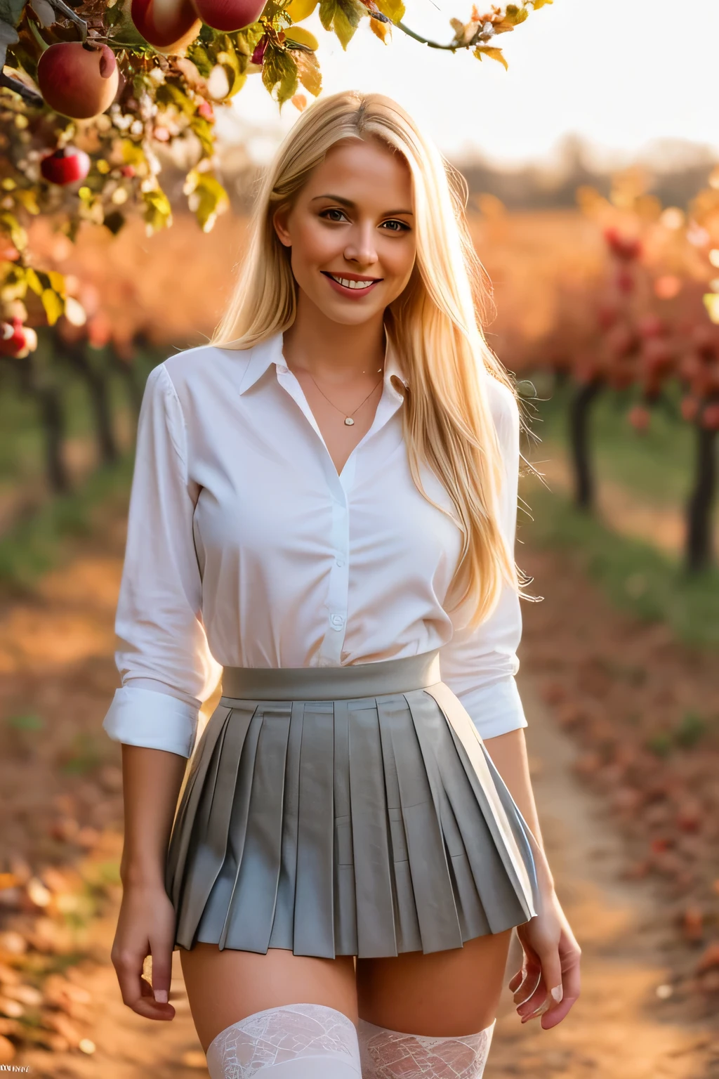 1 Girl, (Hourglass body), blonde hair, disheveled long hair with a seductive smile, (wear knee socks, pleated miniskirt and tight white button-down shirt), realistic, Shallow depth of field, 8k contract, SLR camera, High quality, photorealistic, realism, hyperrealism, art photography, (in a warm apple orchard in autumn), warm and sunny