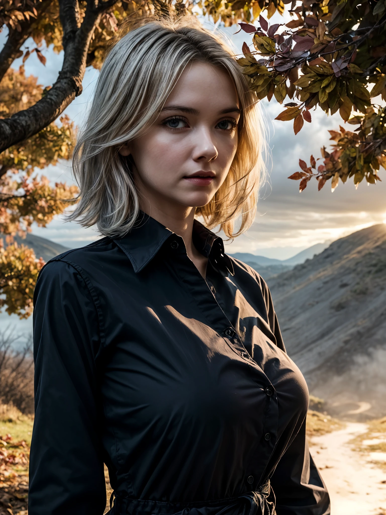 1girl, super details long sleeve black shirt, looking at viewer, white hair, inside a cave, detailed face, cinematic angle, cinematic lighting, vignette, (realistic:1.3), best quality, superior quality, dark, despair, wandering in shadow, full breasts, gigantic breast, countryside, dirt path, golden hour, trees, mesmerizing dark storm clouds, anticipating storm, tree awash in autumn colors, beautiful, dramatic,