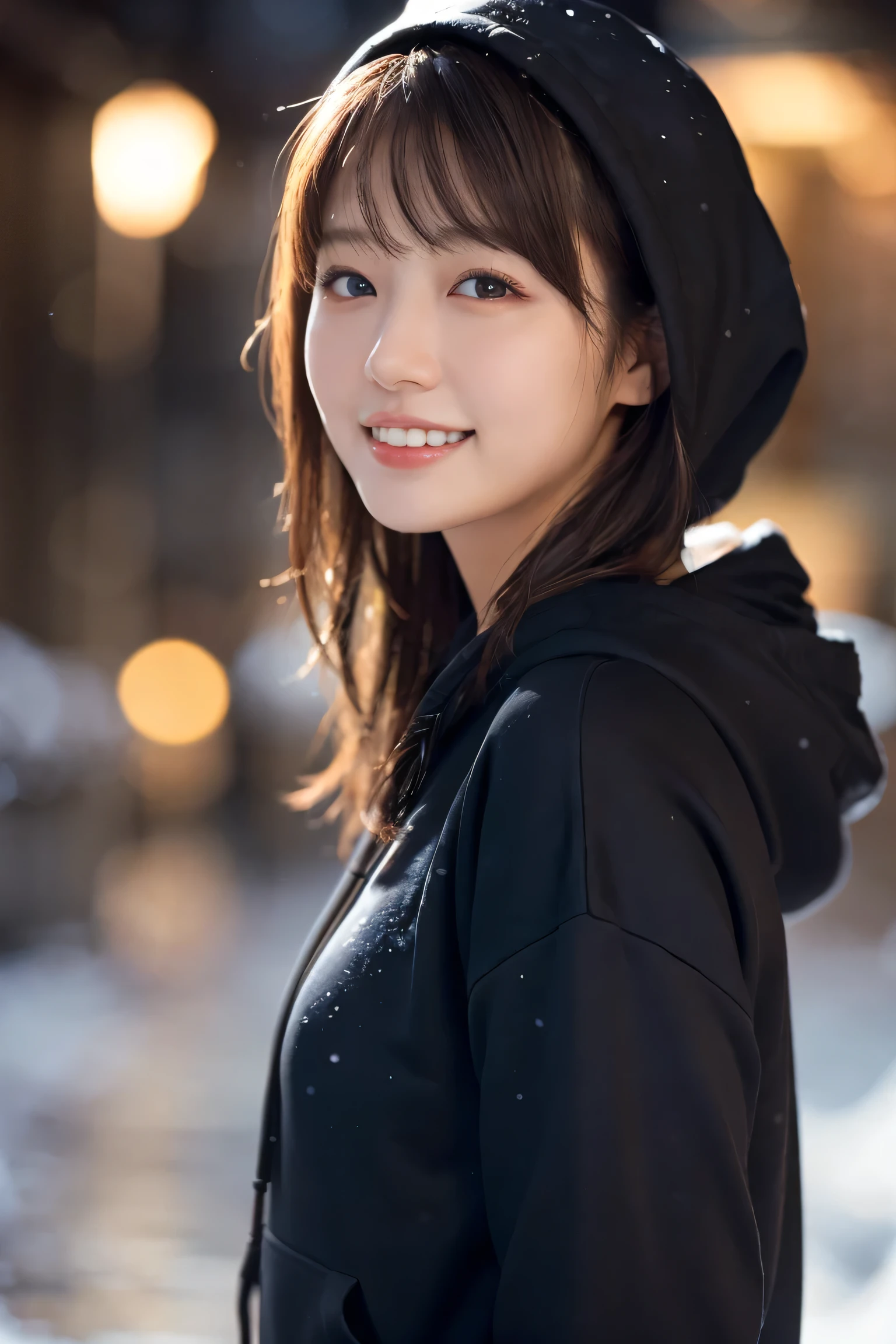 1 girl, (Wear a black hoodie:1.2), (RAW Photos, highest qualthaty), (Realistic, Realistic:1.4), Tabletop, Very delicate and beautiful, Very detailed, 2k wallpaper, wonderful, finely, Very detailed CG Unthaty 8K wallpaper, Very detailed, High resolution, Soft Light, Beautiful detailed girl, Very detailed目と顔, Beautiful and sophisticated nose, Finely beautiful eyes, Cinema Lighting, Illuminations that light up the cthaty on a snowy night, Snow Scene, that'that'it's snowing, Snow fell in my hair, Perfect Anatomy, Slender body, Was nervous,
Straight semi-long hair, bangs, Looking at the audience, smile、Fluffy scarf、