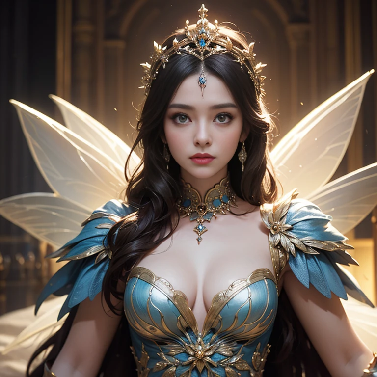 high quality、8k、Realistic、masterpiece、Very detailed、Cinema Lighting、dramatic、ether、elegant、Titania, Graceful fairy queen、I&#39;m very proud、Amazingly beautiful、Butterfly Wings、Ideal ratio、Intricate details、Fantasy、Mysterious、loose fitting dress、Ornate headdress、Shining Aura、Calm expression、Bright colors、Chiaroscuro lighting、Lush leaf background