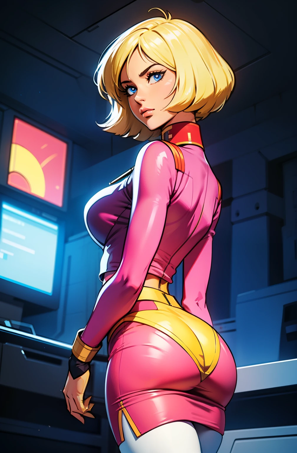 ((masterpiece)), ((cinematic lighting)), realistic photo、Real Images、Top image quality、1girl in, sayla mass, Elegant, masterpiece, Convoluted, slim arms, wide hips, thick thighs, thigh gaps, Best Quality, absurderes, high face detail, Perfect eyes, mature, Cowboy Shot, , Vibrant colors, soft pink uniform, soft pink Skirt, white tights, side view, shapely butt
