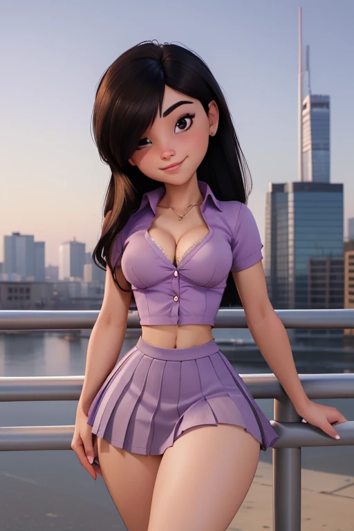 (masterpiece), best quality, expressive eyes, perfect face, (city background), (shy), (smirk), (cleavage view), (1girl, age 18+, belle delphine, fair skin, black hair, medium length flat hair with long bangs, flat hairstyle, hair over one eye, brown eyes, hourglass figure, thin body, skinny body, petite_body, small breasts, wide hips, thick thighs), ((light_purple button shirt), exposed cleavage, croptop, short sleeve, (pleated skirt)),
