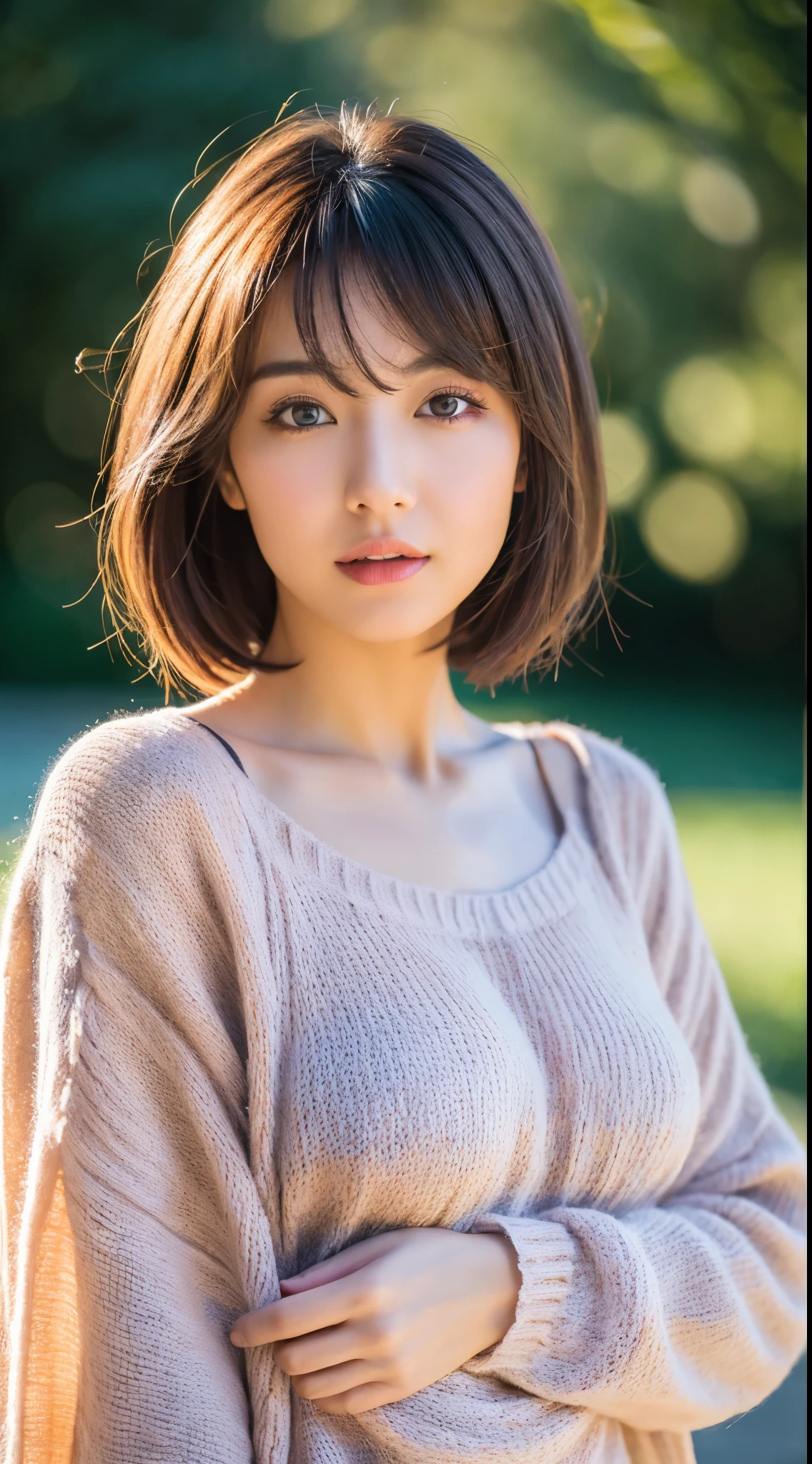 highest quality, 8k, 32k, masterpiece, Ultra-high resolution: 1.3), Attractive Japanese women photos, One Girl, (whole body : 1.2), Abdominal muscles, Perfect body, (Oversized tunic sweater : 1.1), (Ultra-realistic pantyhose:1.1), Highly detailed face, Detailed lips, Fine Eyes, double eyelid,short hair,Disheveled Hair,