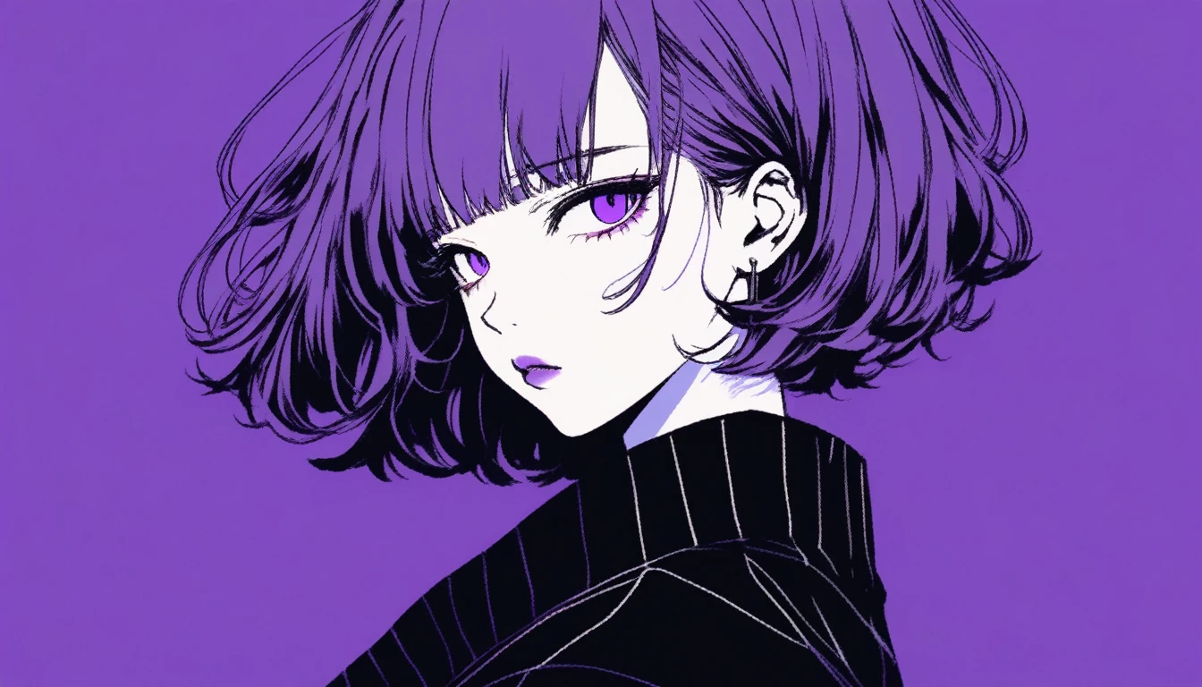 (highest quality, sketch:1.2),   白black,Side Shot,Dark monochrome background, Japanese Manga,Illustrator,Japanese Manga,1 girl, Delicate lips,sweater,custom,background completely black, Neon Hair,Texture Clipping,Canadian, masterpiece, Style: Retro Classic, 深いblack, art, sketch book, (Purple Bob Hair:0.3, black:1.55), bad woman 