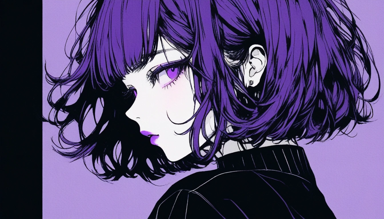 (highest quality, sketch:1.2), 白black,Side Shot,Dark monochrome background, Japanese Manga,Illustrator,Japanese Manga,1 girl, Delicate lips,sweater,custom,background completely black, Neon Hair,Texture Clipping,Canadian, masterpiece, Style: Retro Classic, 深いblack, art, sketch book, (Purple Bob Hair:0.3, black:1.55), bad woman