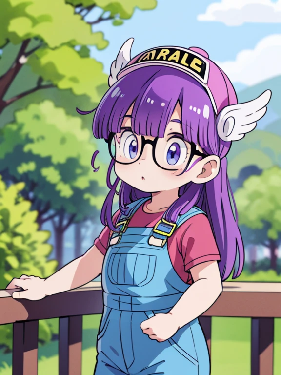 masterpiece, highest quality, Very detailed, 16k, Ultra-high resolution, Cowboy Shot, Detailed face, Perfect Fingers, One ***************, Garden of the mansion, arale, glasses, blue eyes, long hair, purple hair, short sleeves, wing hat, wing cap, red shirt, blue overalls