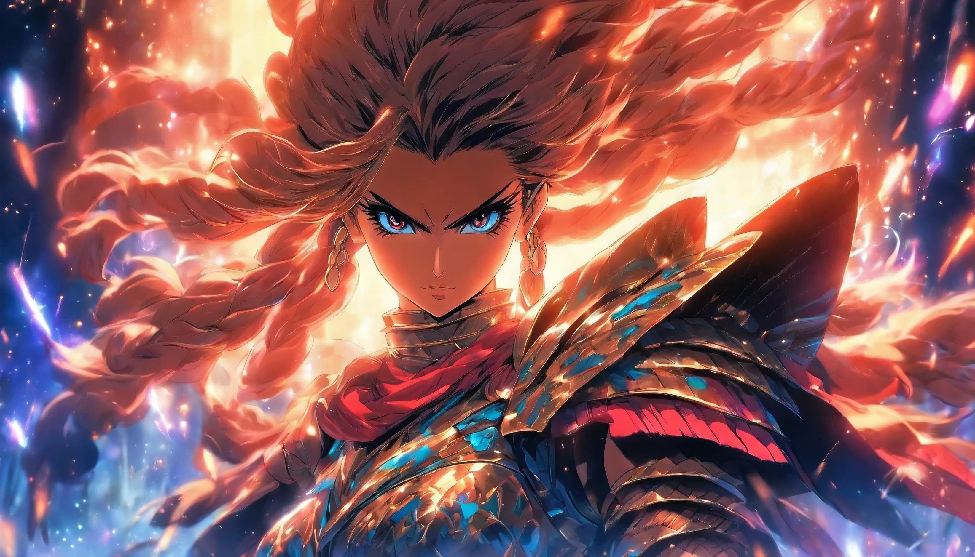 A woman with long hair and a sword in front of a fire - SeaArt AI