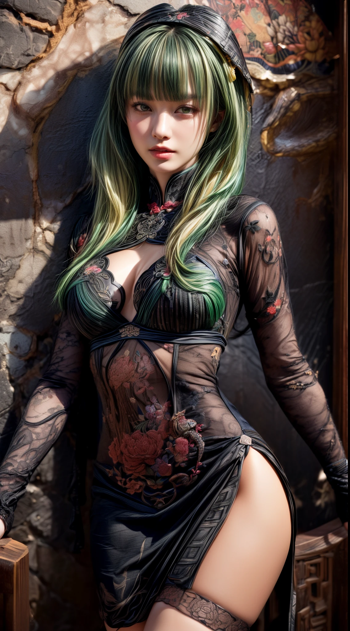 Mature Woman、(Green Hair)、((Black Hair))、(((Two-tone hair)))、((A Chinese dress with intricate embroidery of black turtles))、((((A wall with a picture of a black turtle))))、(((Detailed design)))、Slender women、Cute Woman、 8K Ultra HD,Detailed face、Delicate texture, Long Hair、(((Blunt bangs)))、(thigh length stockings)、mini skirt、Chinese atmosphere、((Delicate photo))，(Girl Astepeace RAW Photo Details:1.25), (highest quality:1.6), (超A high resolution:1.5), (Realistic:1.75), 8K resolution, Canon EOS R5, 50mm, Absurd, Very detailed,Cinema Lighting、nsfw