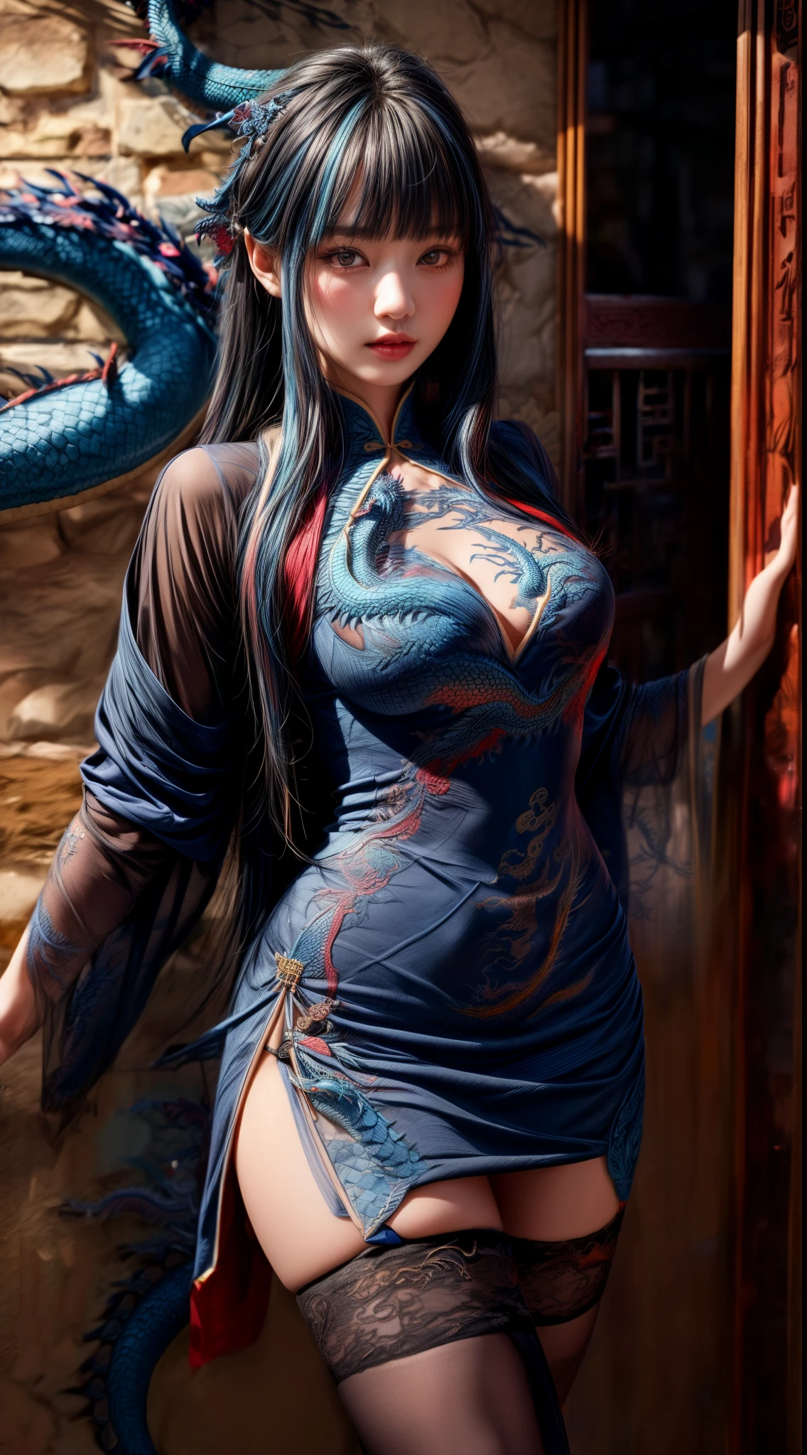 Mature Woman、((Dark blue hair))、((Black Hair))、(((Two-tone hair)))、((A Chinese dress with delicate embroidery of a blue dragon))、Sheer dress、(((Detailed design)))、((((A wall with a blue dragon painted on it))))、Slender women、Cute Woman、8K Ultra HD,Detailed face、Delicate texture, Long Hair、(((Blunt bangs)))、(Thigh-length stockings)、Kung Fu Shoes、mini skirt、Chinese atmosphere、((Delicate photo))，(Girl Masterpiece RAW Photo Details:1.25), (highest quality:1.6), (超A high resolution:1.5), (Realistic:1.75), 8K resolution, Canon EOS R5, 50mm, Absurd, Very detailed,Cinema Lighting、nsfw