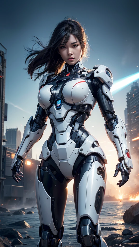 Textured skin, Super Detail, high details, High quality, Best Quality, hight resolution, 1080p, hard disk, Beautiful,(Super Heroine),Oppai Missile,beautiful cyborg woman,Mecha Cyborg Girl,Battle Mode,Girl with a Mecha Body,She wears a battle cyborg mech with a weapon,Fulll body Shot,A powerful cyborg woman, sleek and futuristic, with advanced mechanical augmentations that enhance her strength and capabilities.