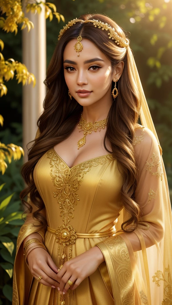 a beautiful woman with golden skin, long brown hair, wearing a golden dress, standing in a lush garden with golden flowers, (best quality,4k,8k,highres,masterpiece:1.2),ultra-detailed,(realistic,photorealistic,photo-realistic:1.37),highly detailed face, beautiful detailed eyes, beautiful detailed lips, extremely detailed eyes and face, long eyelashes, intricate golden jewelry, ornate golden patterns, warm golden lighting, glowing golden light, dramatic golden color grading, cinematic golden hues, golden hour photography, golden hour mood, magical golden fantasy