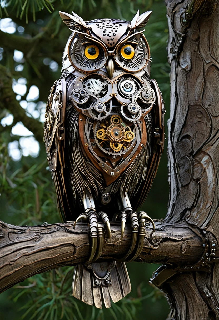 An amazingly detailed mechanical steampunk owl、Perched gracefully on a gnarled tree branch。, His piercing gaze is directed directly at the viewer.. The creatures' eyes are intricately painted, It captures the mysterious glow of a dark nebula flickering in the background.. The soft bokeh adds a mystical touch to this enchanting scene..