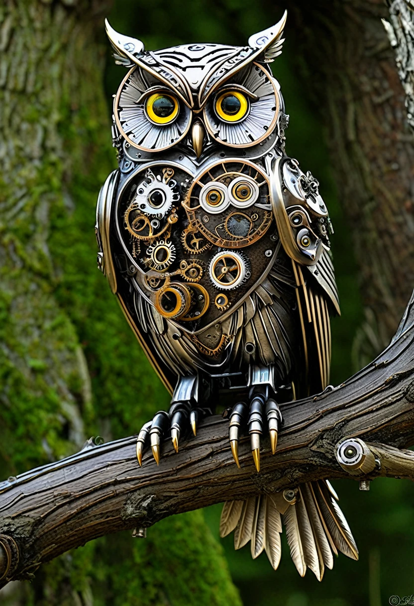 An amazingly detailed mechanical steampunk owl、Perched gracefully on a gnarled tree branch。, His piercing gaze is directed directly at the viewer.. The creatures' eyes are intricately painted, It captures the mysterious glow of a dark nebula flickering in the background.. The soft bokeh adds a mystical touch to this enchanting scene..