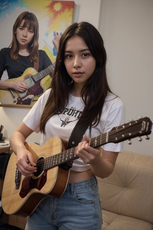 Boy that creating a painting of his girl partner that holding a guitar 4k High quality anime