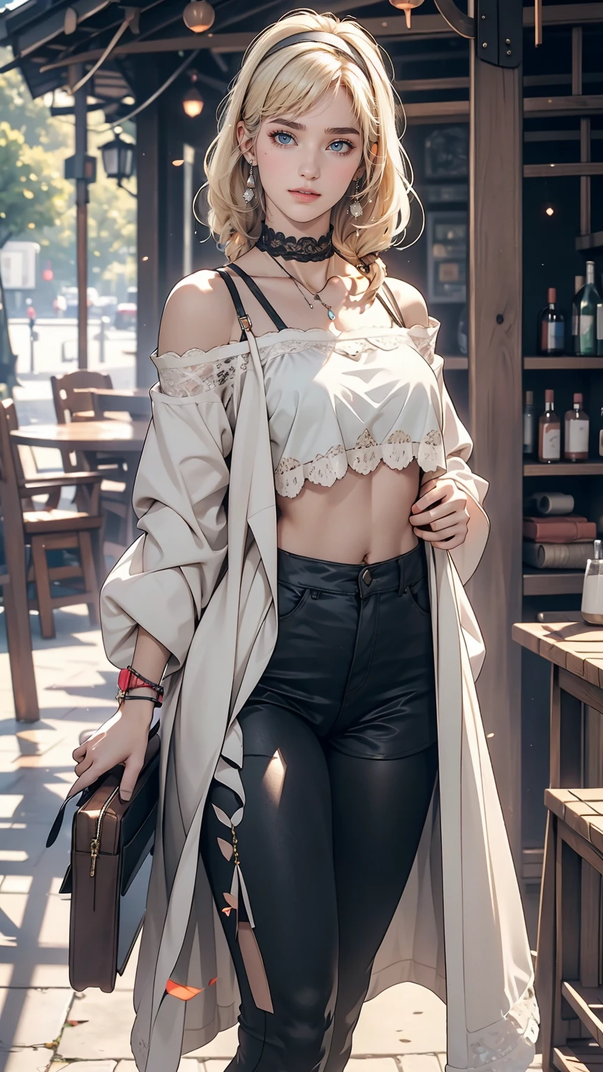 (8K, RAW Photos, highest quality, masterpiece:1.2), (Realistic, photo-Realistic:1.37)、Fashion model body type、Having her hair done、My chest is popping out、Wear accessories on your wrist、Wearing accessories on the ankle、Background blur((depth of field)、smile、White woman、Platinum Blonde、blue eyes、Vertical roll on one side((side drill))、Wear a lace-embellished off-the-shoulder top、Lower milk visible、I can see my belly button、Wear low rise leggings、Wear mules、smile、hair band((hair ribbon))、Wear a lace choker