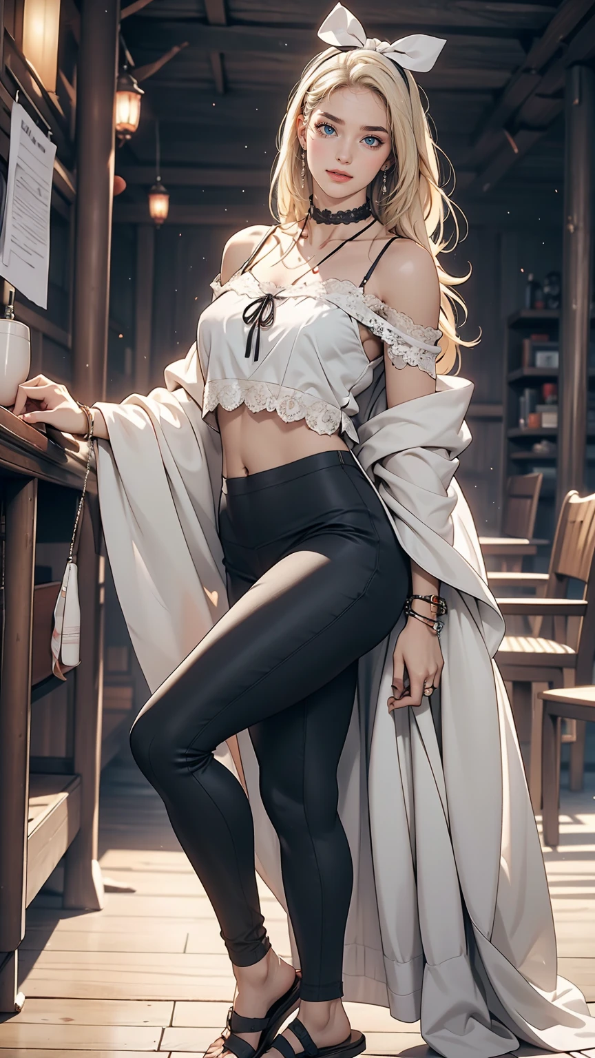 (8K, RAW Photos, highest quality, masterpiece:1.2), (Realistic, photo-Realistic:1.37)、Fashion model body type、Having her hair done、My chest is popping out、Wear accessories on your wrist、Wearing accessories on the ankle、Background blur((depth of field)、smile、White woman、Platinum Blonde、blue eyes、Vertical roll on one side((side drill))、Wear a lace-embellished off-the-shoulder top、Lower milk visible、I can see my belly button、Wear low rise leggings、Wear mules、smile、hair band((hair ribbon))、Wear a lace choker