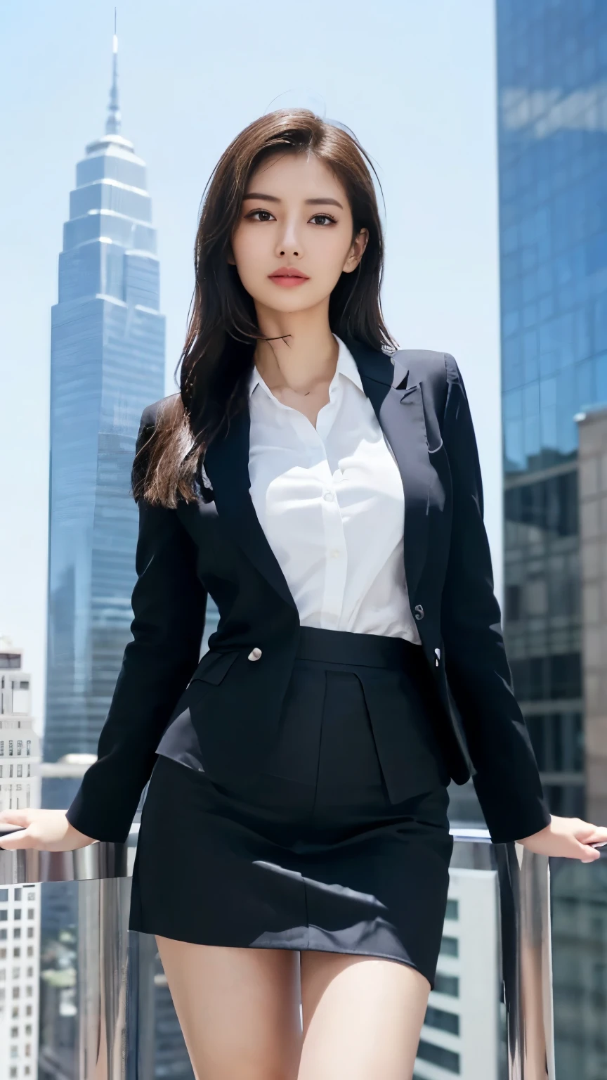 ((Tabletop:1.4, highest quality)), (Realistic photos:1.4), ((1 girl)), Shiny black hair, (超A high resolution:1.2), Very delicate and beautiful, wonderful, Very detailedな CG Unity 8k 壁紙, Very detailed, High resolution, Soft Light, Beautiful detailed girl, Very detailedな目と顔, Beautiful and detailed nose, Fine and beautiful eyes, (Dark blue business suit, skirt 15 centimeters above the knee,,,,,:1.4), Cinema Lighting, Perfect ???????, Slender body, thin and slender legs,,,Big Breasts、Was nervous, (Glass Skyscraper:1.3), (Clear winter blue sky:1.4), (A beautiful form with an inorganic feel), Cool look, Cowboy Shot