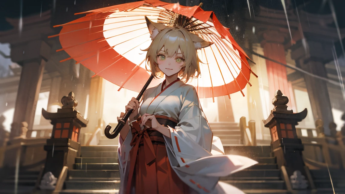 (masterpiece, best quality) detailed, ,Fox Ear Beauty,Red and white miko kimono ,light blond silver hair ,olive green pupils,elegant, (Fox ears),Red Eyeshadow, shy smiley face,Rainy Day,whole body,Holding a paper umbrella,Long skirt with high slits exposes thighs,Fushimi Inari Taisha Shrine Fantastic mystery wonderland, rich and colorful, 最detailed