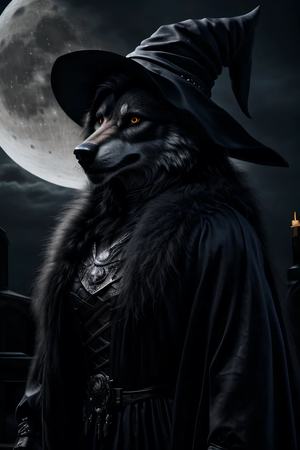 the witch, People with black hair, Accompanied by a large silver fur wolf, Under the full moon, In Halloween settings. (Best Quality, 4K, hight resolution, masutepiece:1.2), Ultra-detailed, (Realistic, Photorealistic:1.37), nffsw, Studio Lighting, Vivid colors, eery, Dark atmosphere.