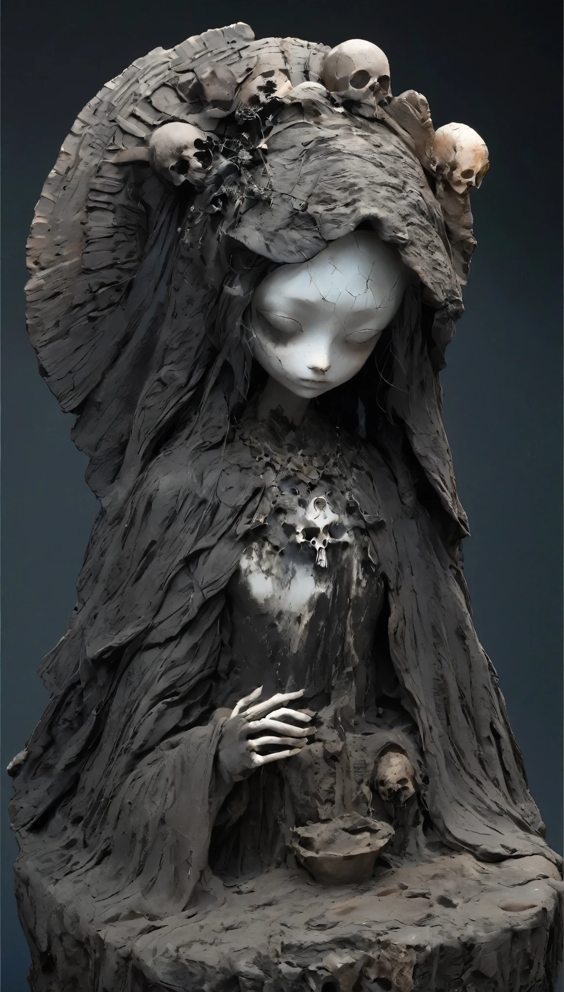 💀、☠、girl、❤、💀、Dark fantasy、💀🥵💗、old，dirty， mineral pigments，3D粘土Clay sculpture艺术，Clay sculpture、One Woman、