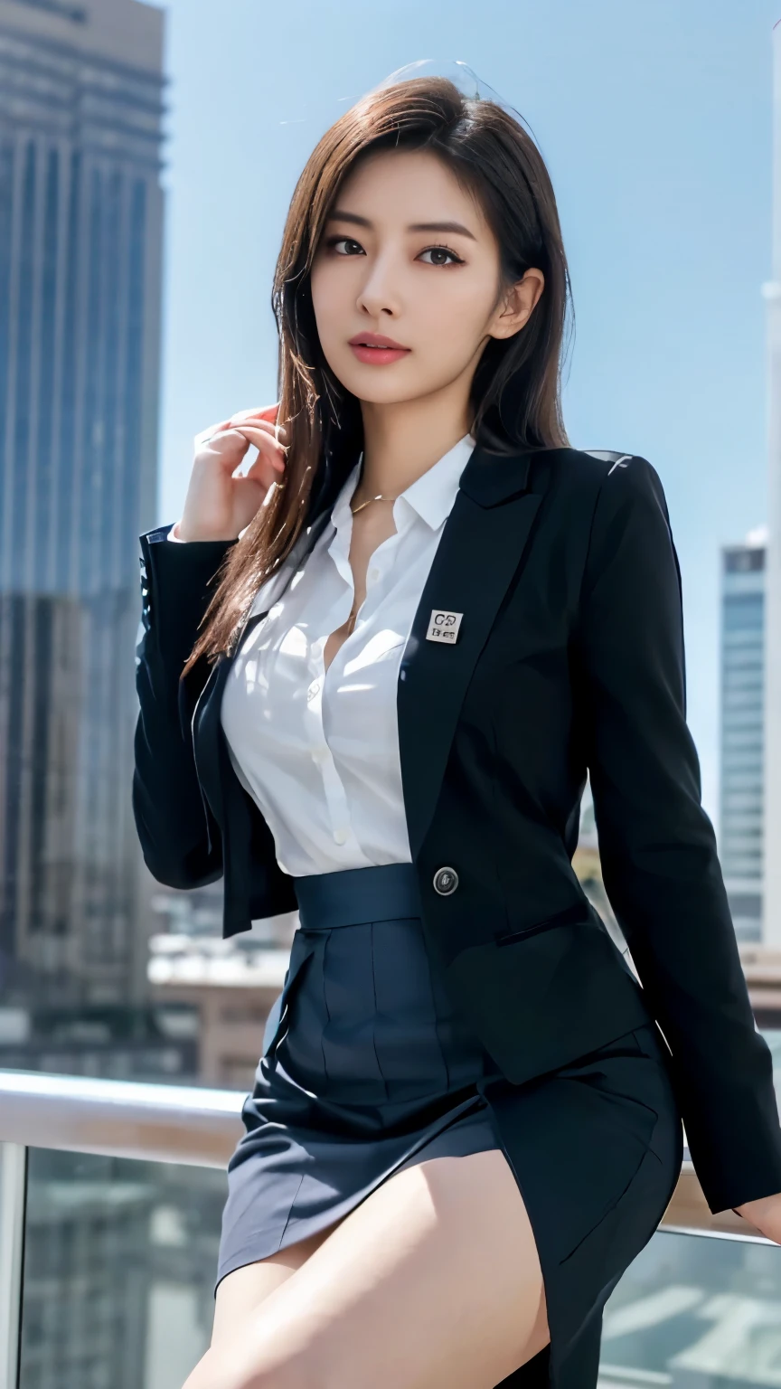 ((Tabletop:1.4, highest quality)), (Realistic photos:1.4), ((1 girl)), Shiny black hair, (超A high resolution:1.2), Very delicate and beautiful, wonderful, Very detailedな CG Unity 8k 壁紙, Very detailed, High resolution, Soft Light, Beautiful detailed girl, Very detailedな目と顔, Beautiful and detailed nose, Fine and beautiful eyes, (Dark blue business suit, skirt 15 centimeters above the knee,,,,,:1.4), Cinema Lighting, Perfect Anatomy, Slender body, thin and slender legs,,,Big Breasts、Was nervous, (Glass Skyscraper:1.3), (Clear winter blue sky:1.4), (A beautiful form with an inorganic feel), Cool look, Cowboy Shot