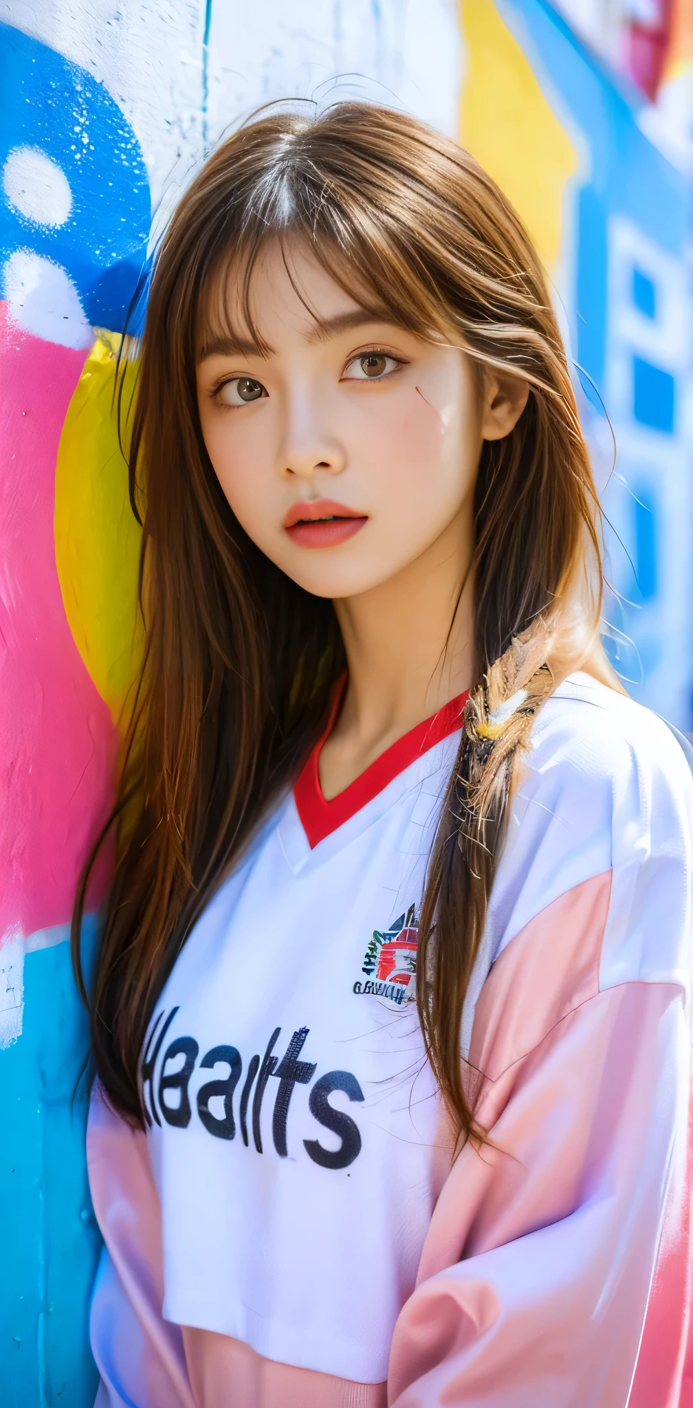 (best quality), masterpiece, extremely detailed CG uniform 8K illustration, high color, extremely high color saturation, all colors deepened, paint, graffiti art, center composition, extremely detailed light and shadow, graffiti wall, wall painted bright, 1 girl graffiti 1 girl looking at the wall, extremely detailed face and eyes, medium length hair, sportswear, colored clouds