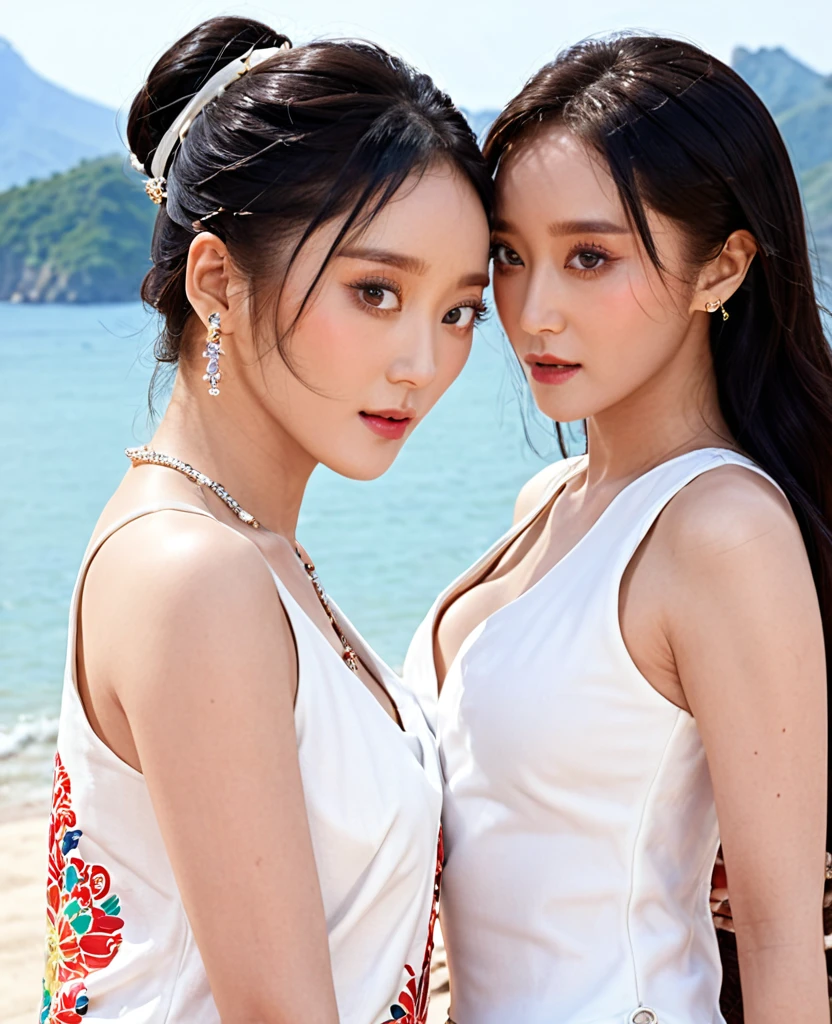 , All faces and pictures,(high resolution)、(((、hyper-realistic、masterpiece、highest quality、high resolution)))、movie light) Two beautiful Chinese women Fan Bing  Ping and Gong Li, beautiful female models, embrace jewelry with hoop earrings.  heart pendant necklace  Makeup and hair done by a professional artist. Makeup and hair done by a professional artist. Cute poses. Sharp focus: 1。4、(Hyper details、Details  Close-up view, half body, pink tank top.  Beautiful white long jeans, seaside view, sandy beach, mountains, beach trees.